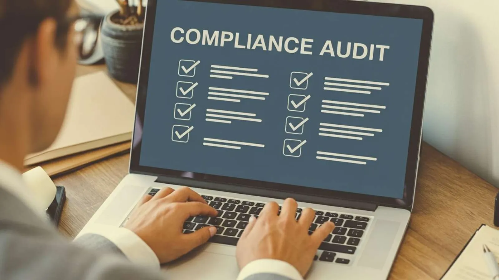 Person typing on laptop showing a compliance audit checklist with checkmarks