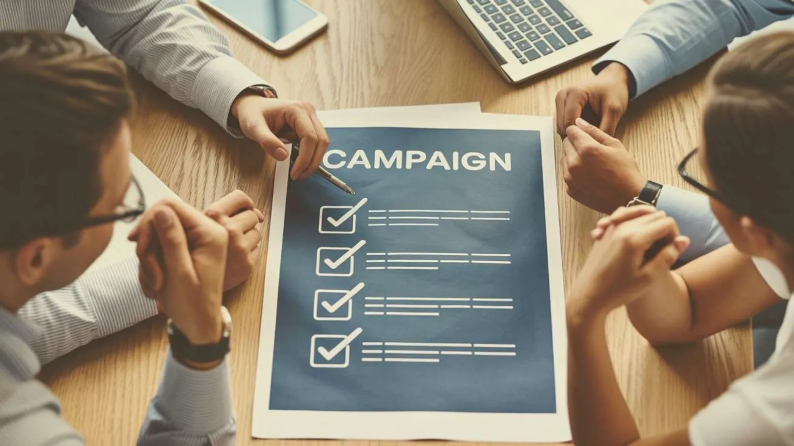 Marketing team reviewing a campaign compliance checklist document at a table