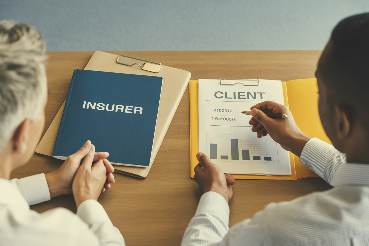 Two professionals reviewing insurer and client folders with bar charts on a desk