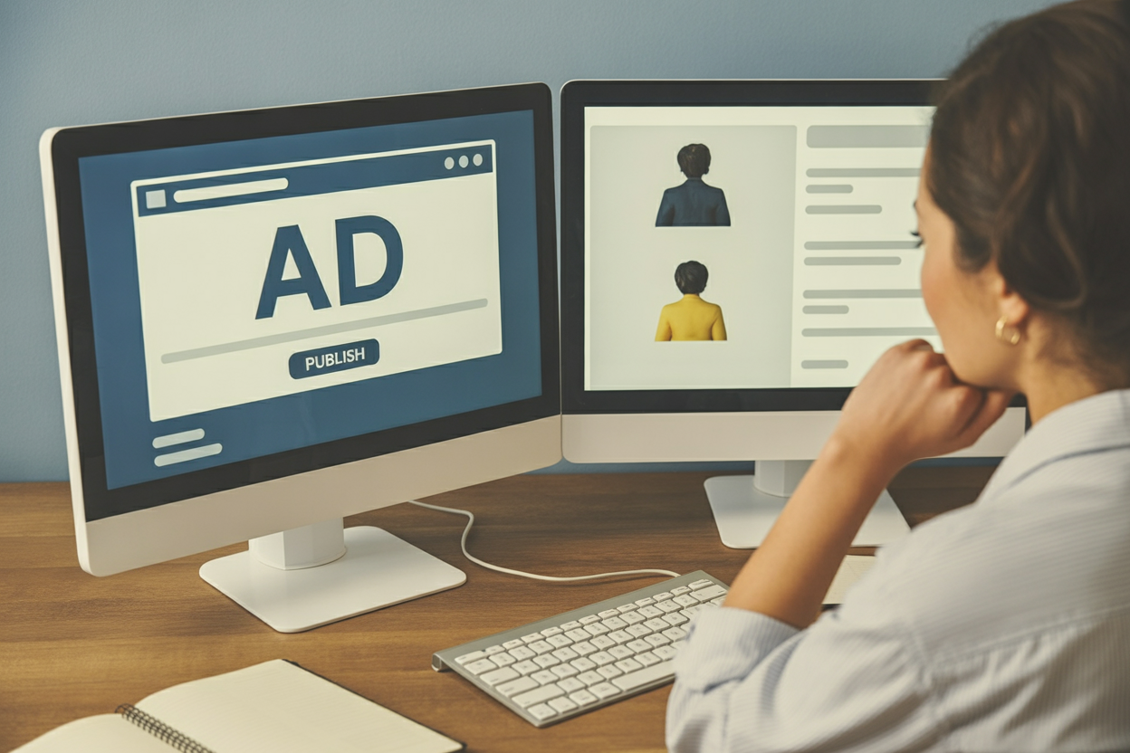 Marketer viewing an ad ready to publish on dual monitors with user profile content
