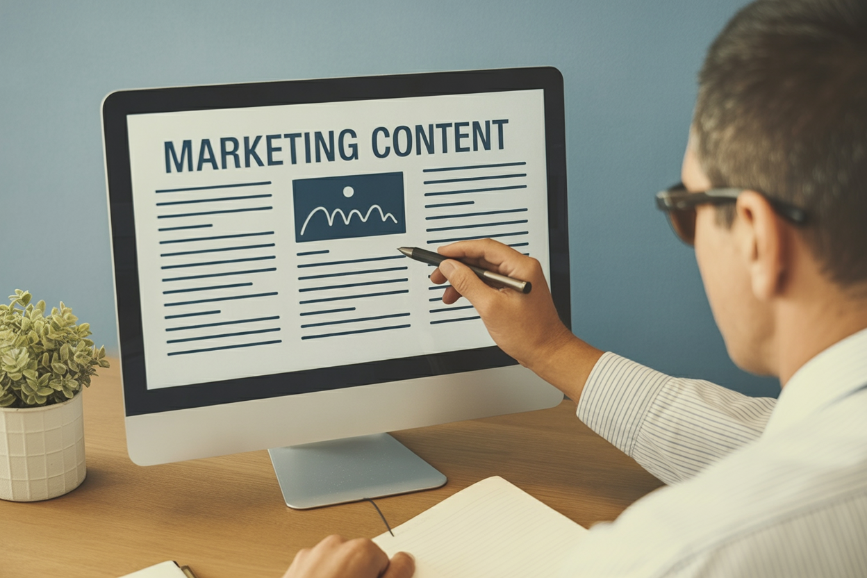 Man with glasses reviewing marketing content layout on a desktop monitor