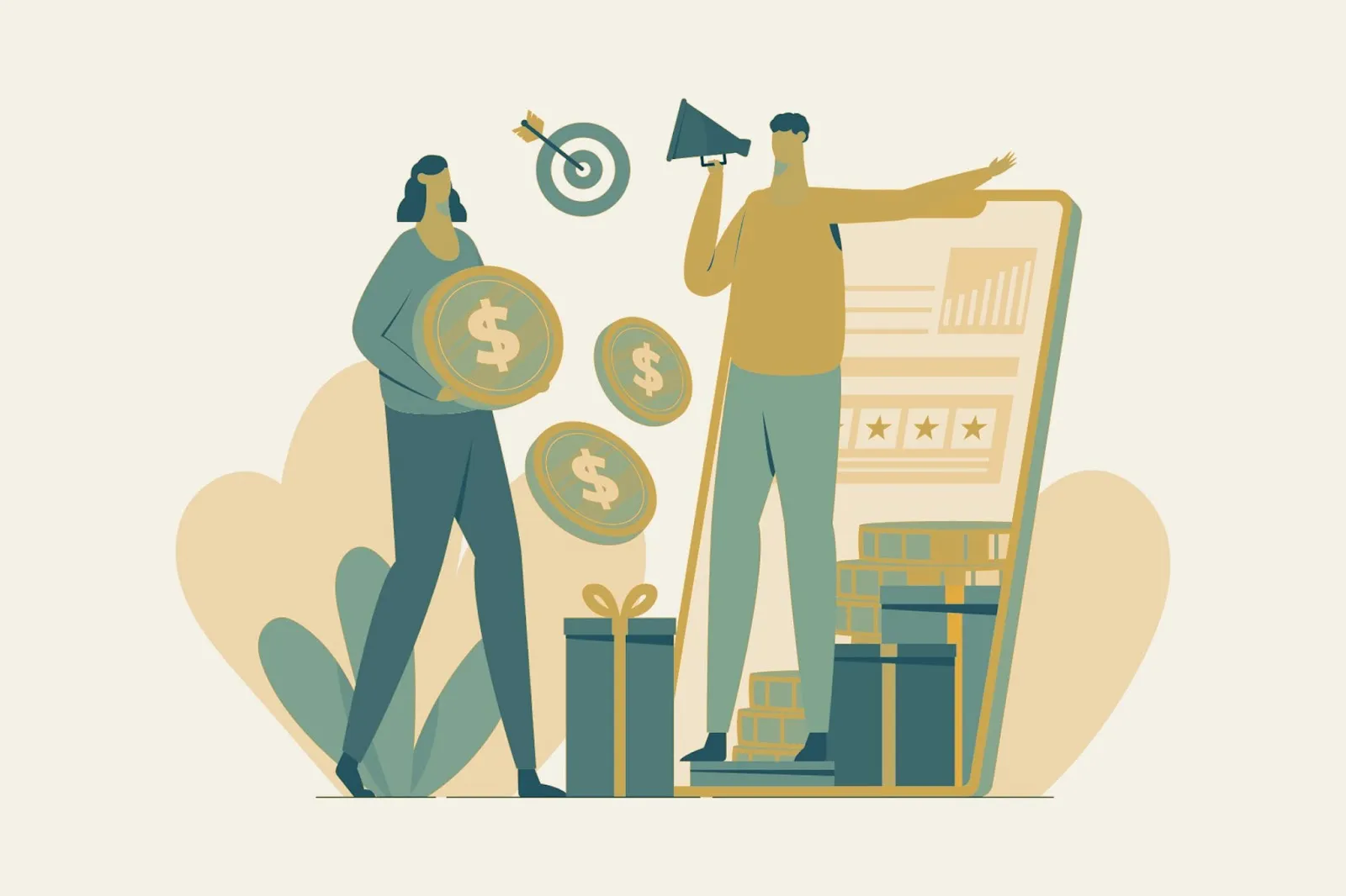 Flat illustration of two people with dollar coins, a megaphone, target, and revenue chart