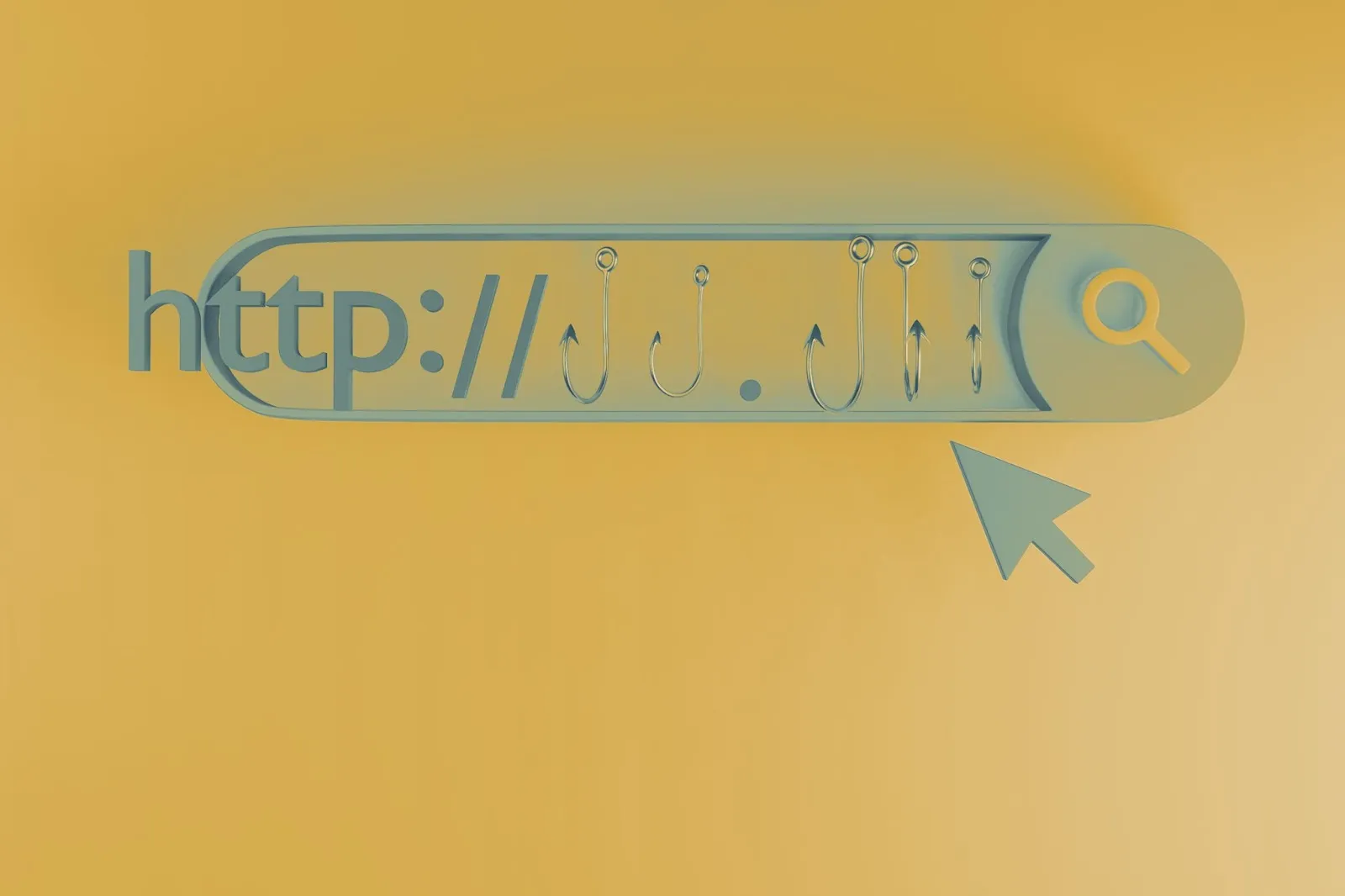 3D browser search bar with fishing hooks replacing URL characters on a gold background