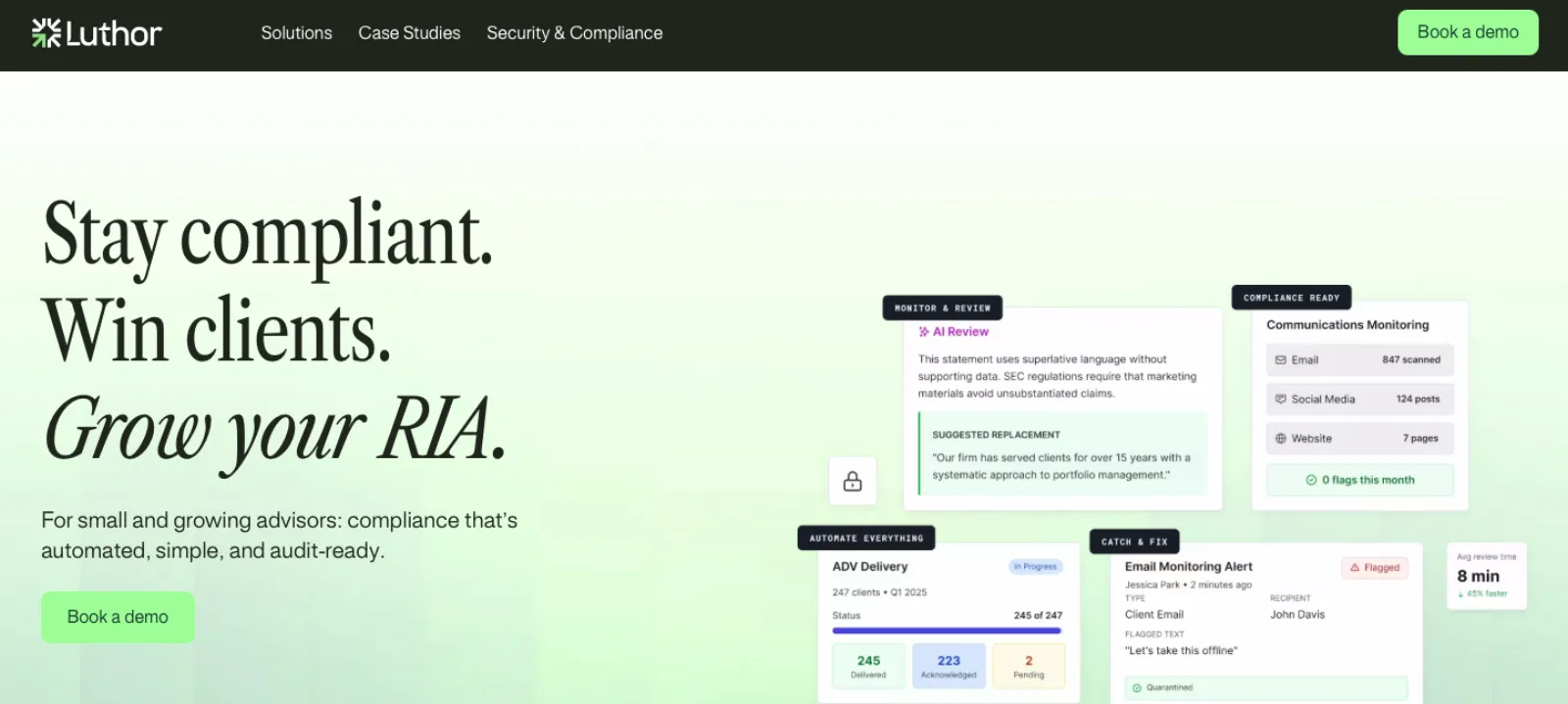 Luthor homepage with Stay compliant, Win clients, Grow your RIA headline and product UI screenshots