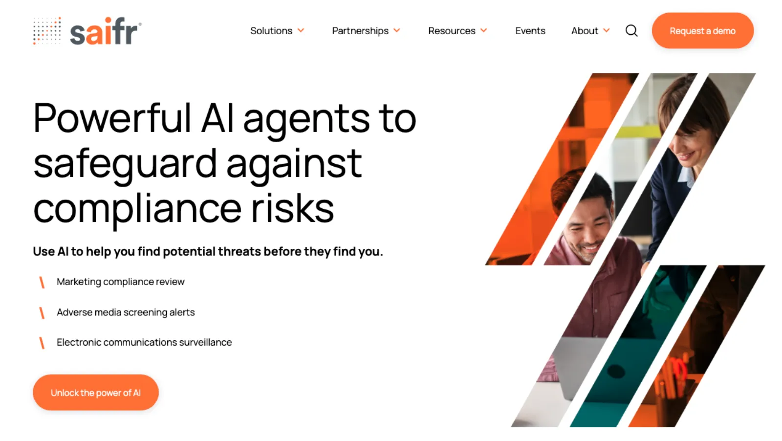 Saifr homepage showing Powerful AI agents to safeguard against compliance risks with team photos