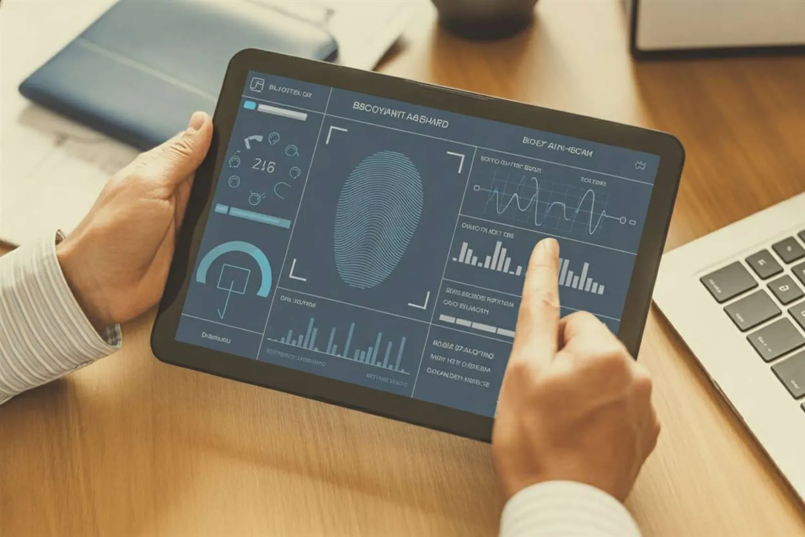 Hands holding a tablet showing a biometric fingerprint scan with analytics charts and data
