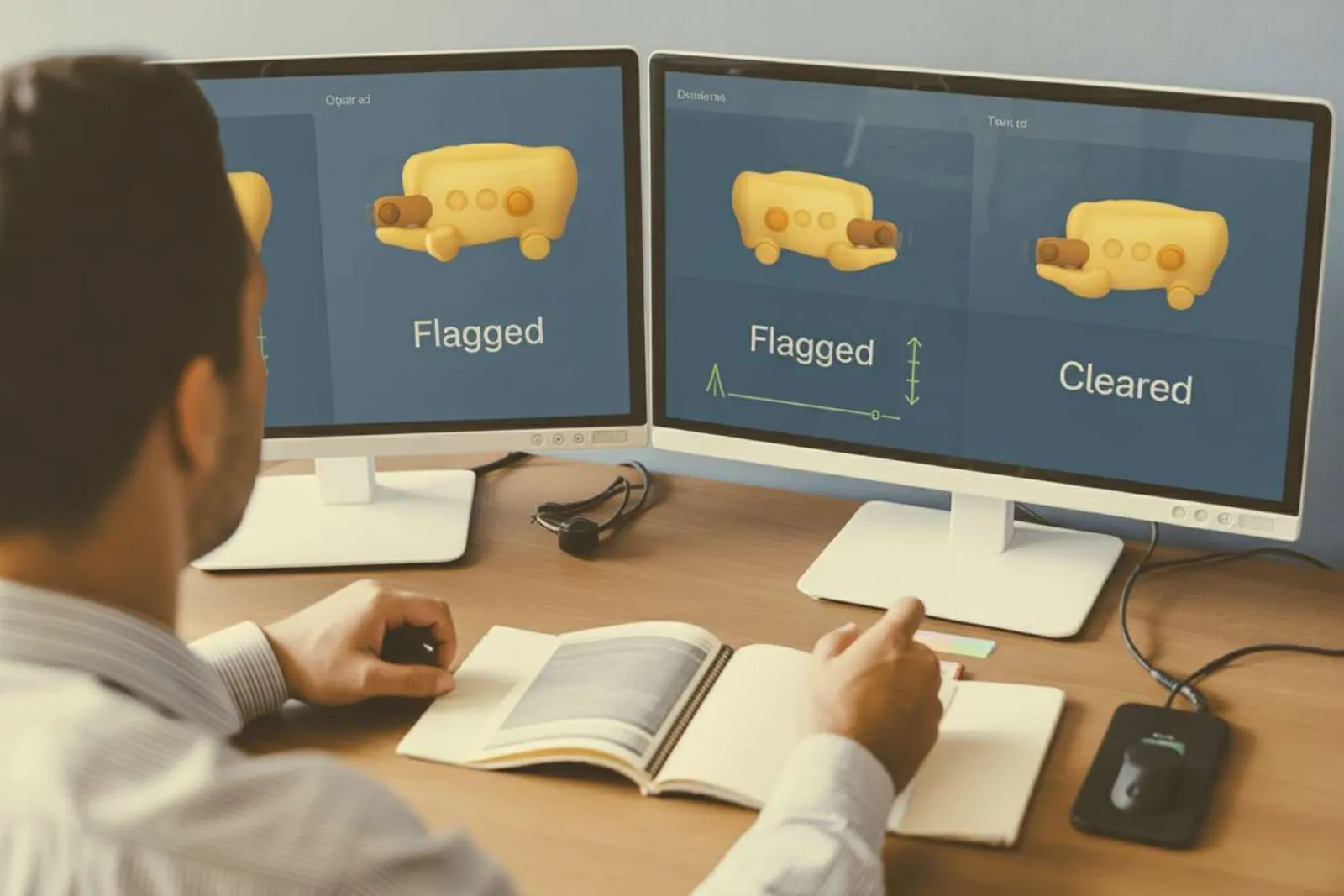Person at dual monitors viewing content items marked as Flagged and Cleared during compliance review