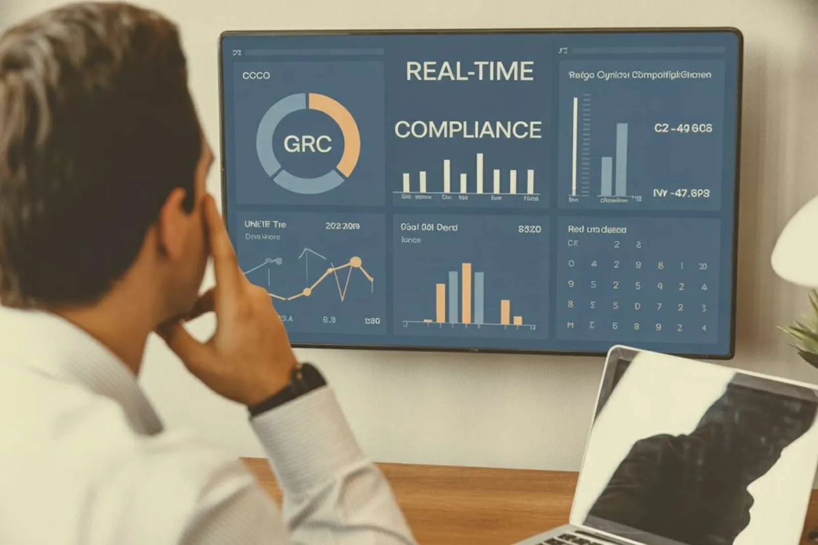 Professional watching a large monitor displaying a real-time GRC compliance dashboard with charts