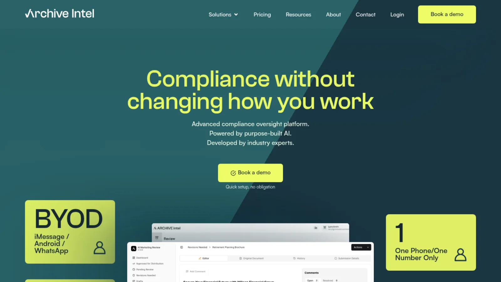 Archive Intel homepage showing Compliance without changing how you work with BYOD messaging features