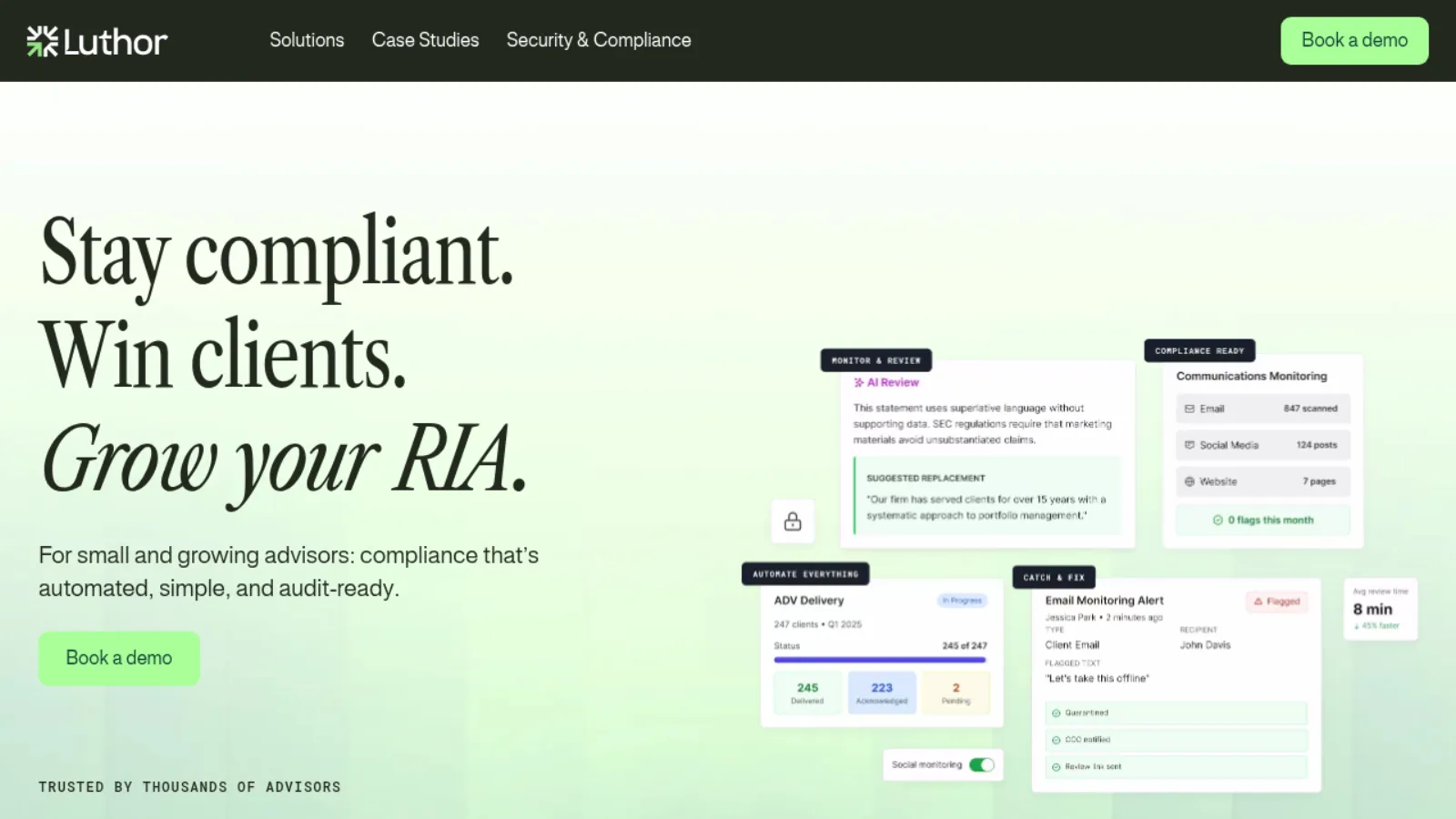 Luthor homepage with Stay compliant, Win clients, Grow your RIA and AI review product screenshots