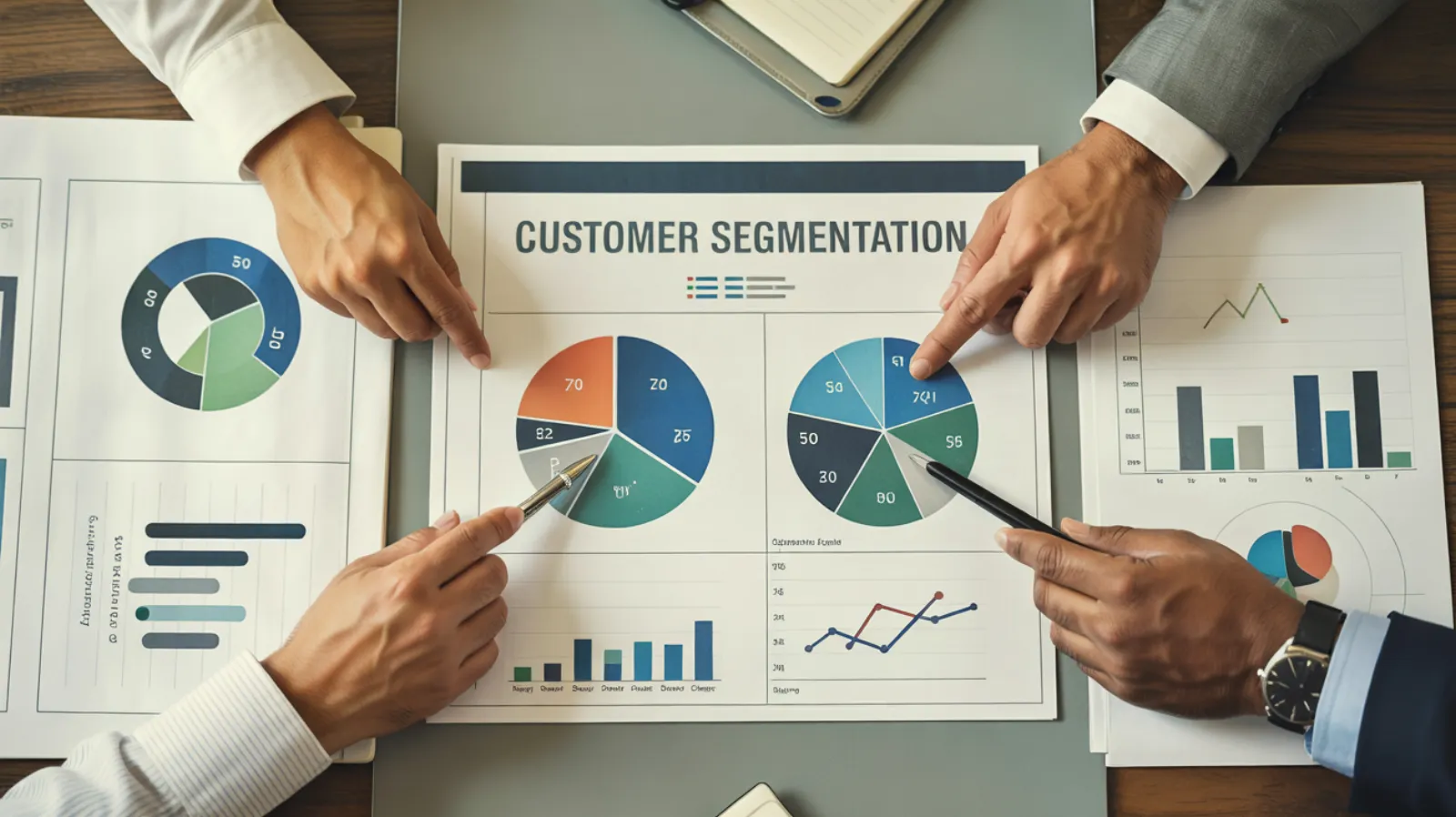 Multiple hands pointing at customer segmentation pie charts, bar graphs, and trend lines on a desk