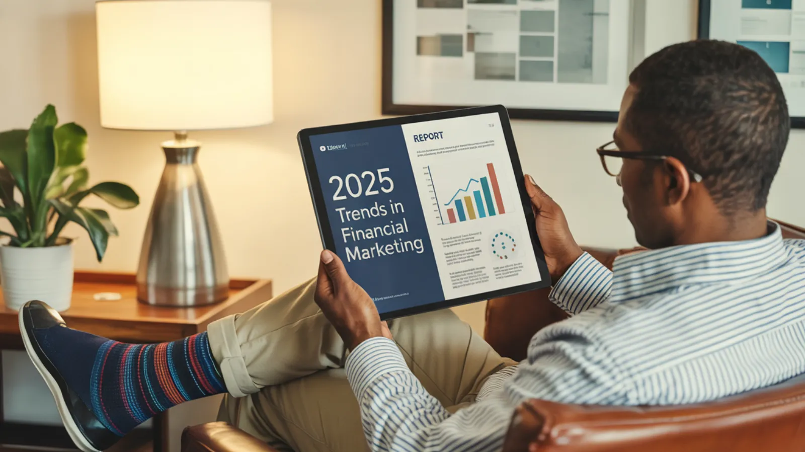 Person reading a 2025 Trends in Financial Marketing report on a tablet with growth charts