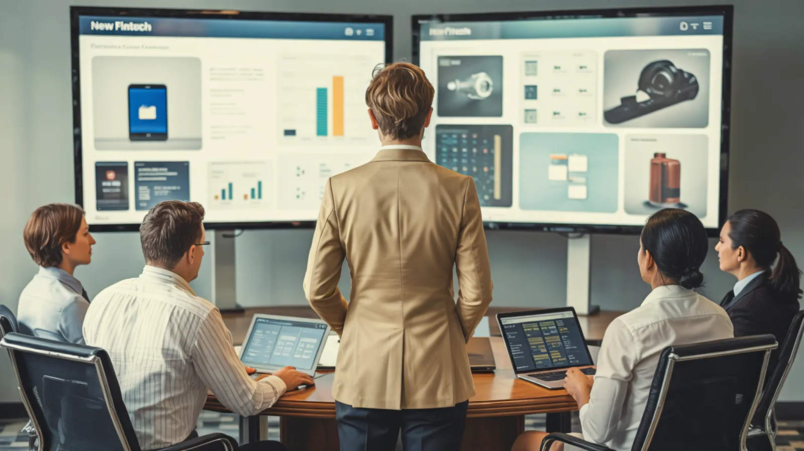 Boardroom team viewing fintech product presentations on dual large screens with charts and mockups