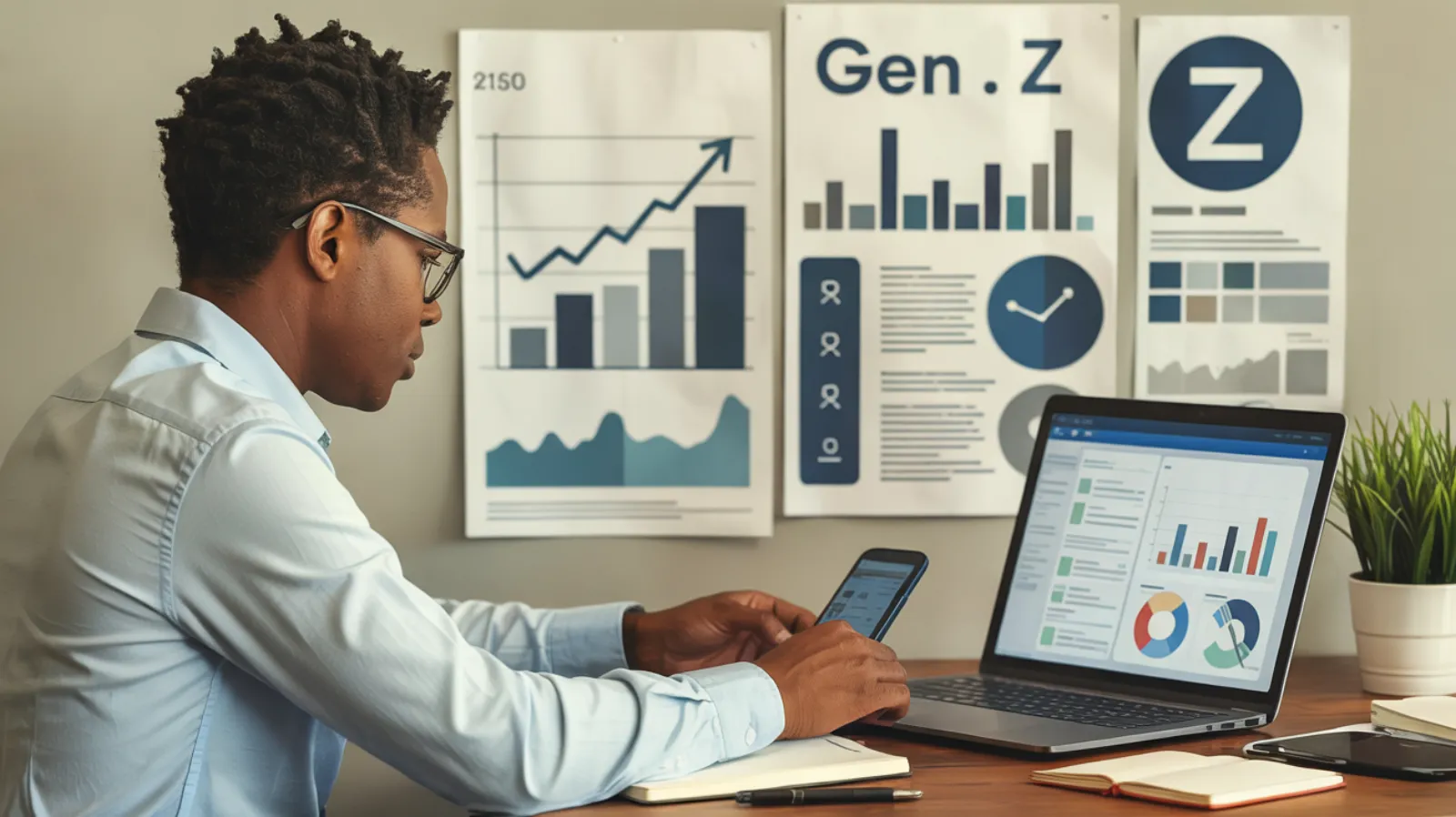 Marketer analyzing Gen Z growth charts on phone and laptop with data posters on wall