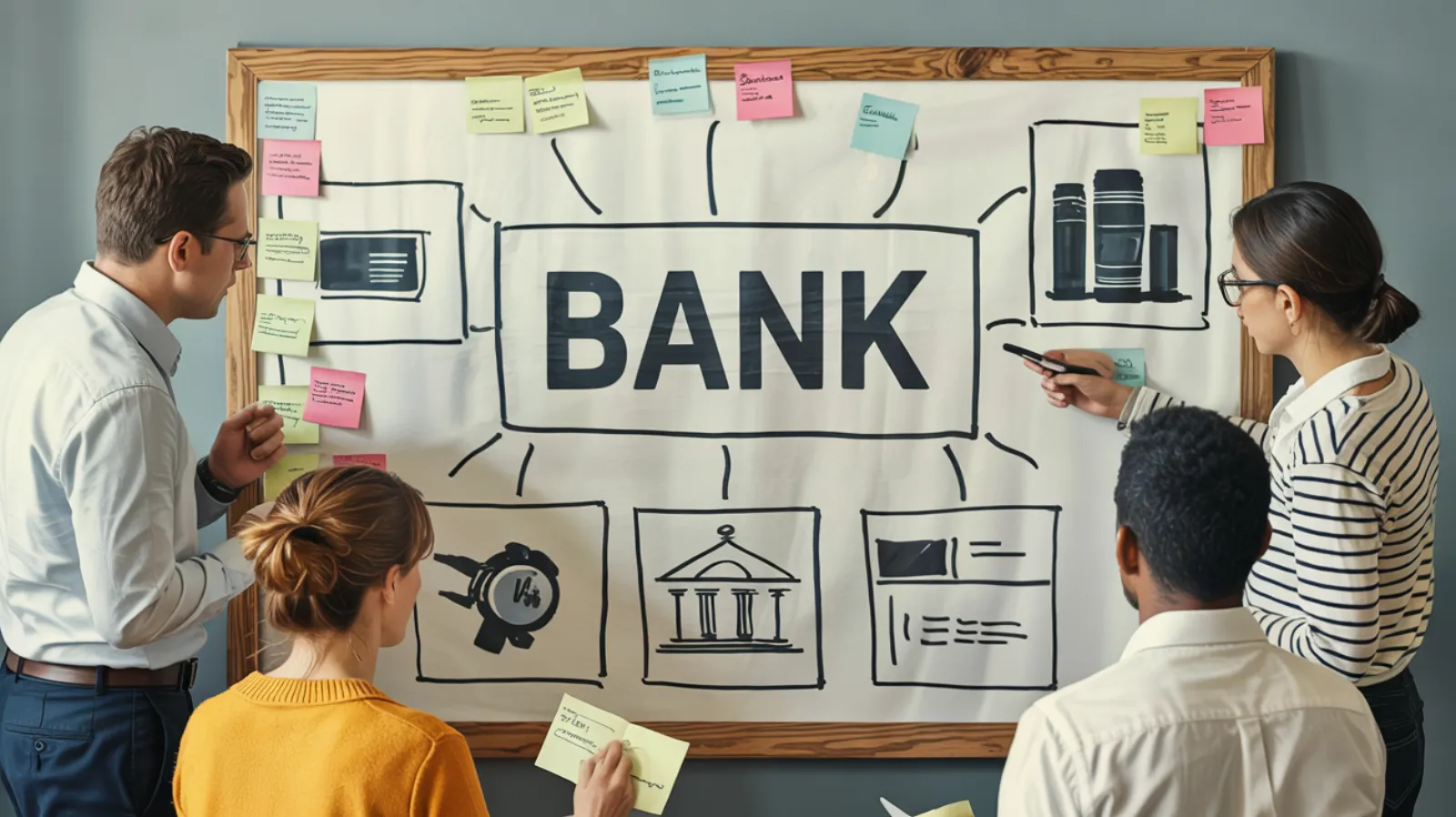 Marketing team brainstorming bank advertising strategy at a whiteboard with channel icons and sticky notes