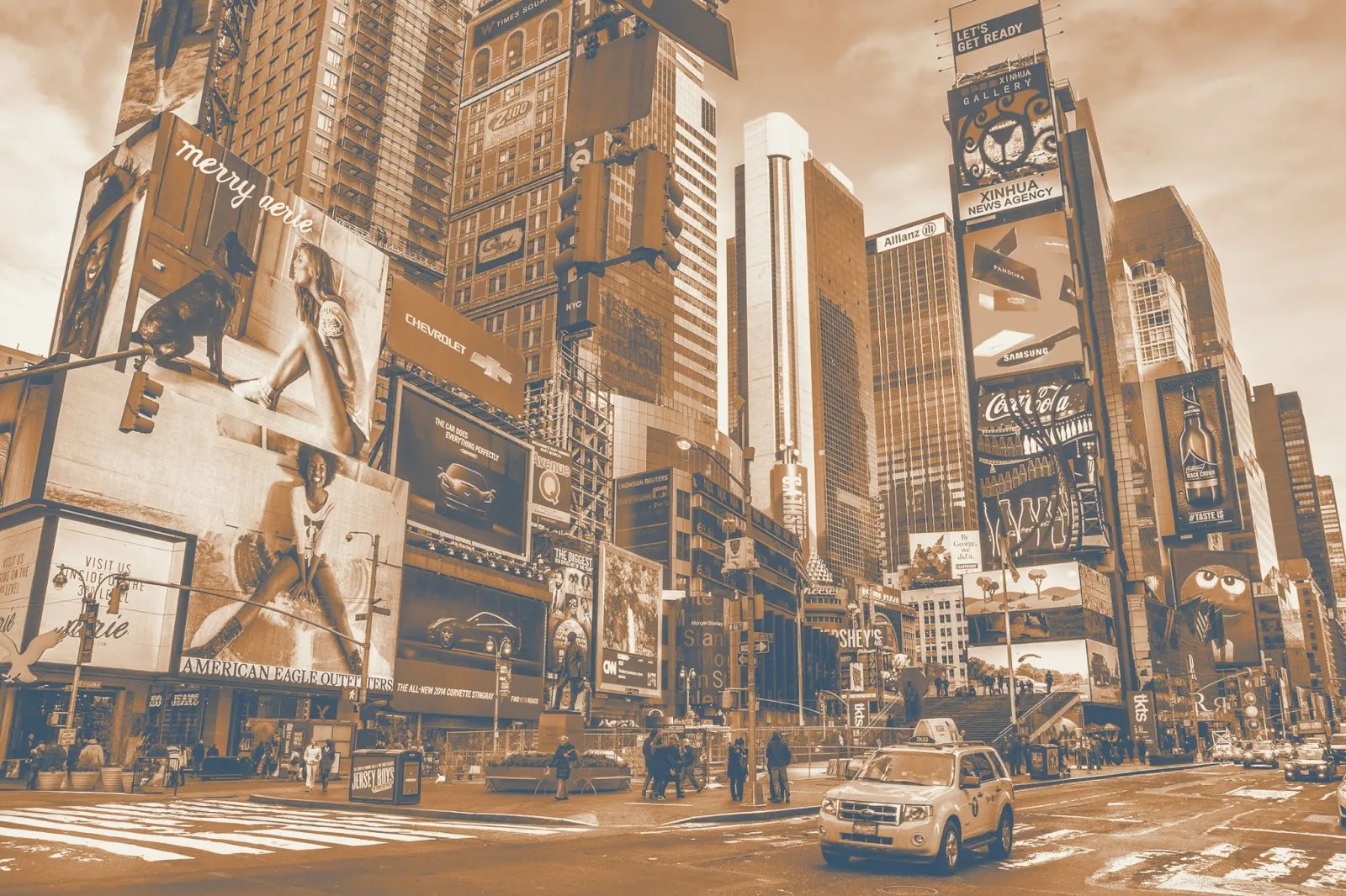 New York City Times Square filled with commercial billboards and advertisements in sepia tone