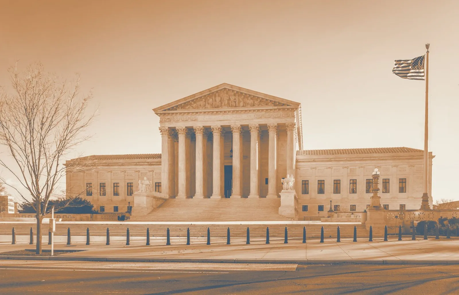 U.S. Supreme Court building facade with columns and American flag in sepia tone
