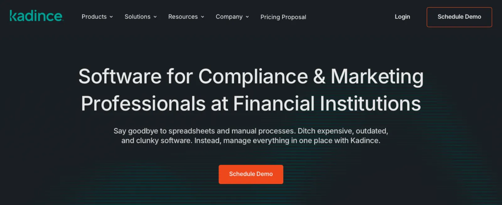 Kadince compliance software homepage for financial institution marketing and compliance professionals