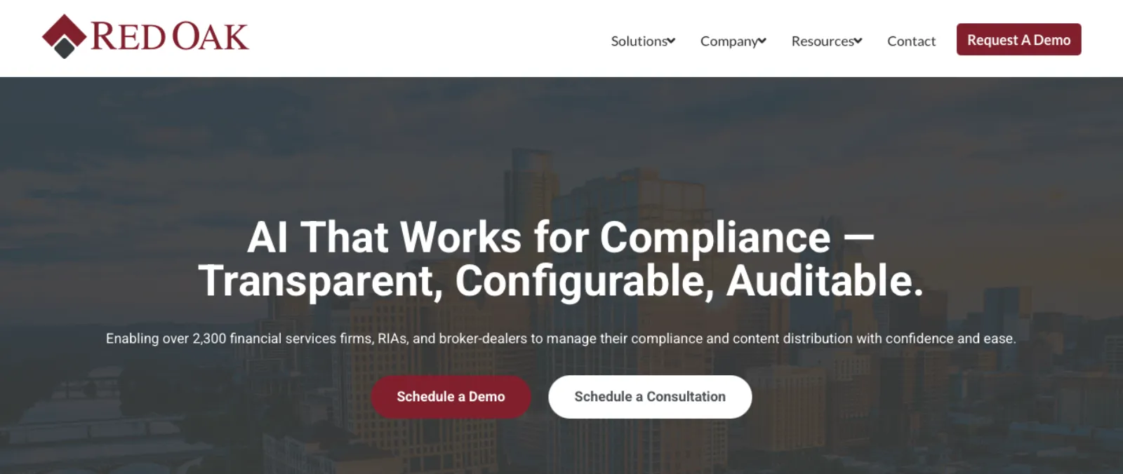 Red Oak Compliance platform homepage for RIAs and broker-dealers with AI-powered content review