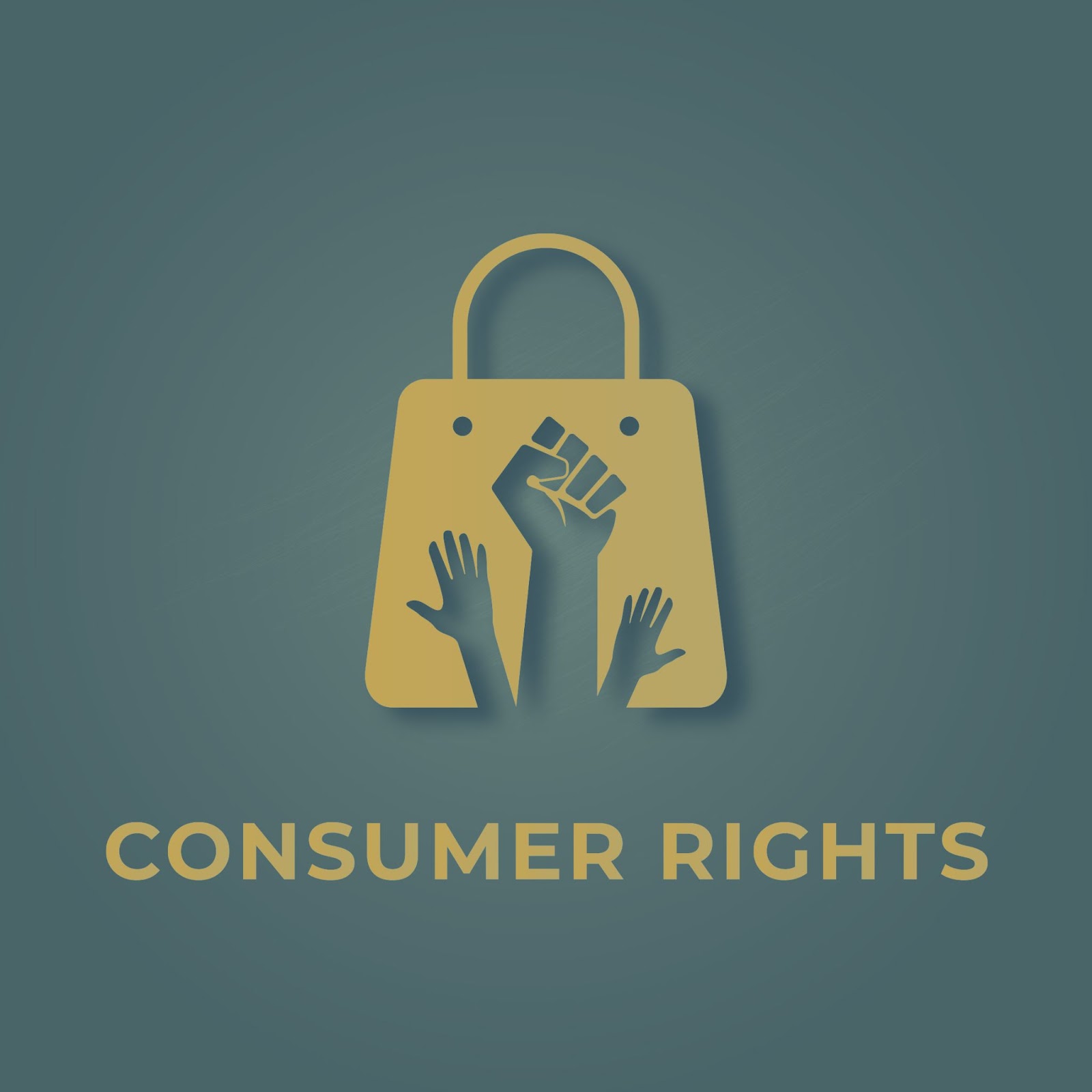 Gold shopping bag icon with raised fists symbolizing consumer rights on a dark teal background
