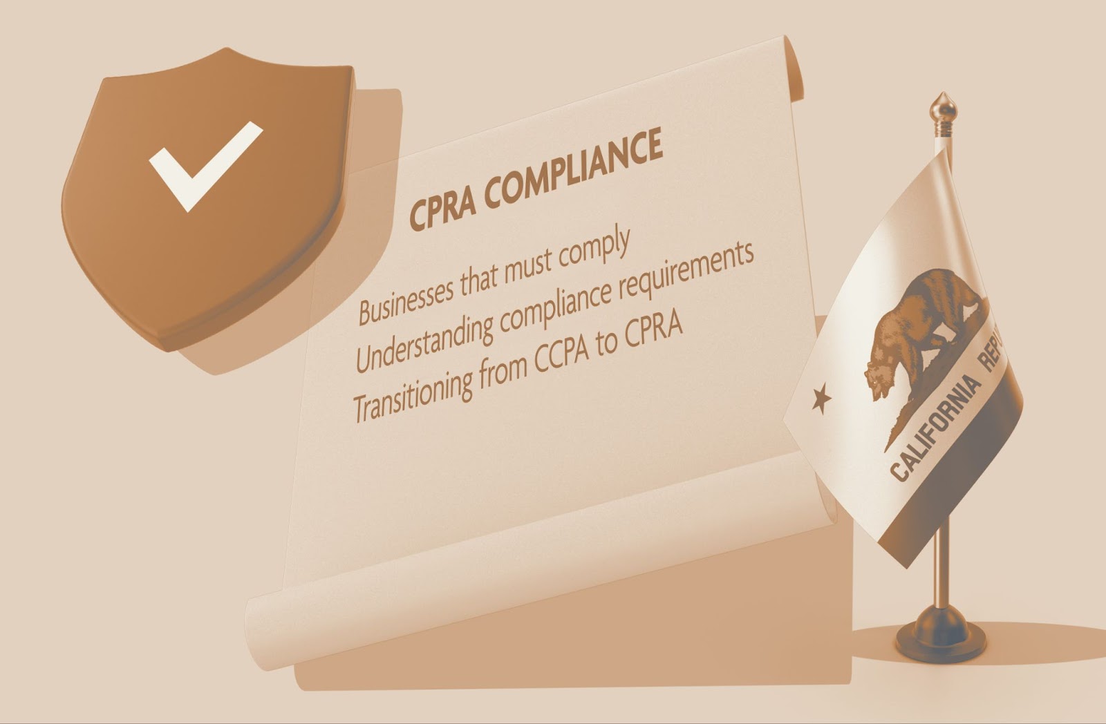 Shield with checkmark beside a CPRA compliance document scroll and a California Republic state flag