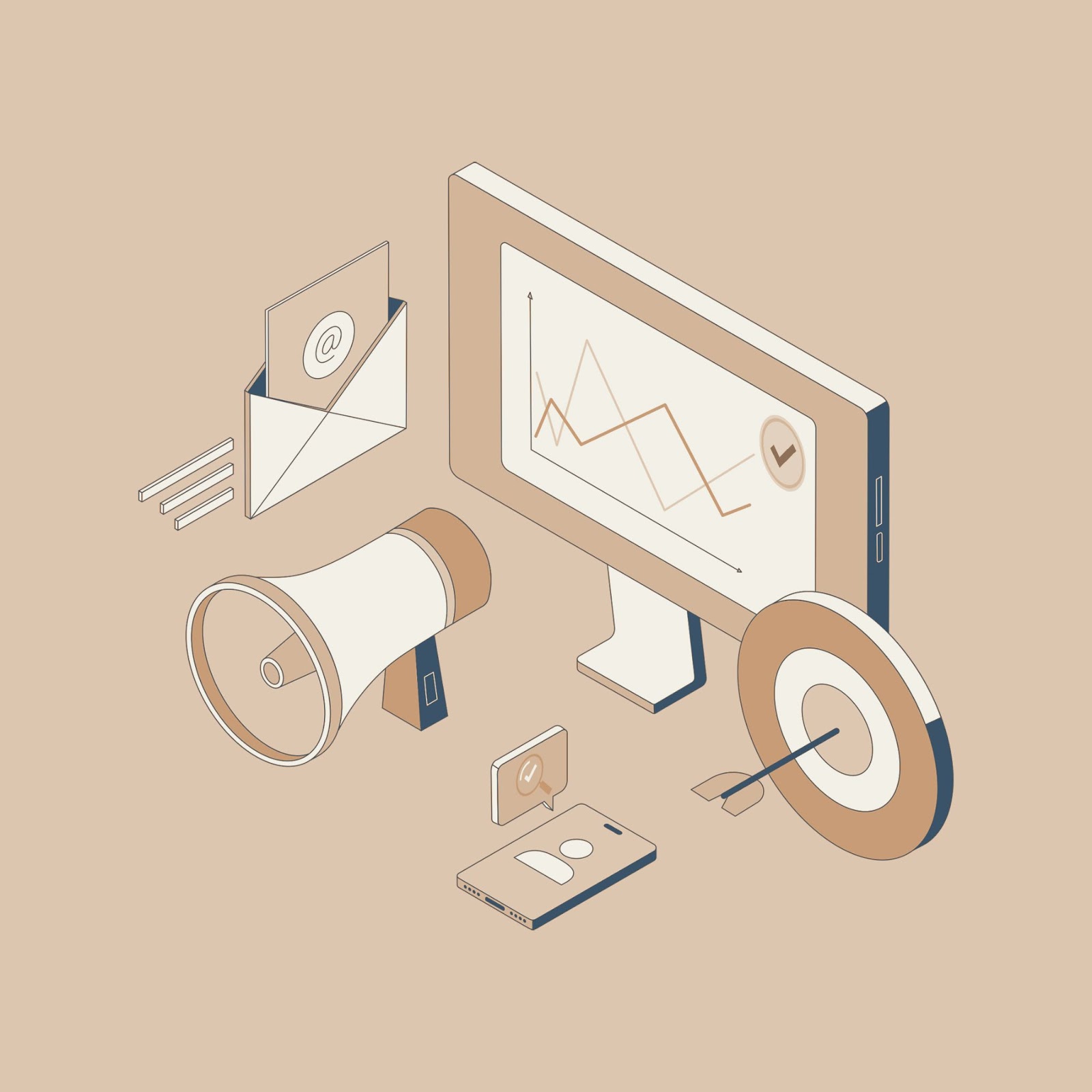 Isometric illustration of a monitor with analytics, megaphone, email envelope, phone, and target icons