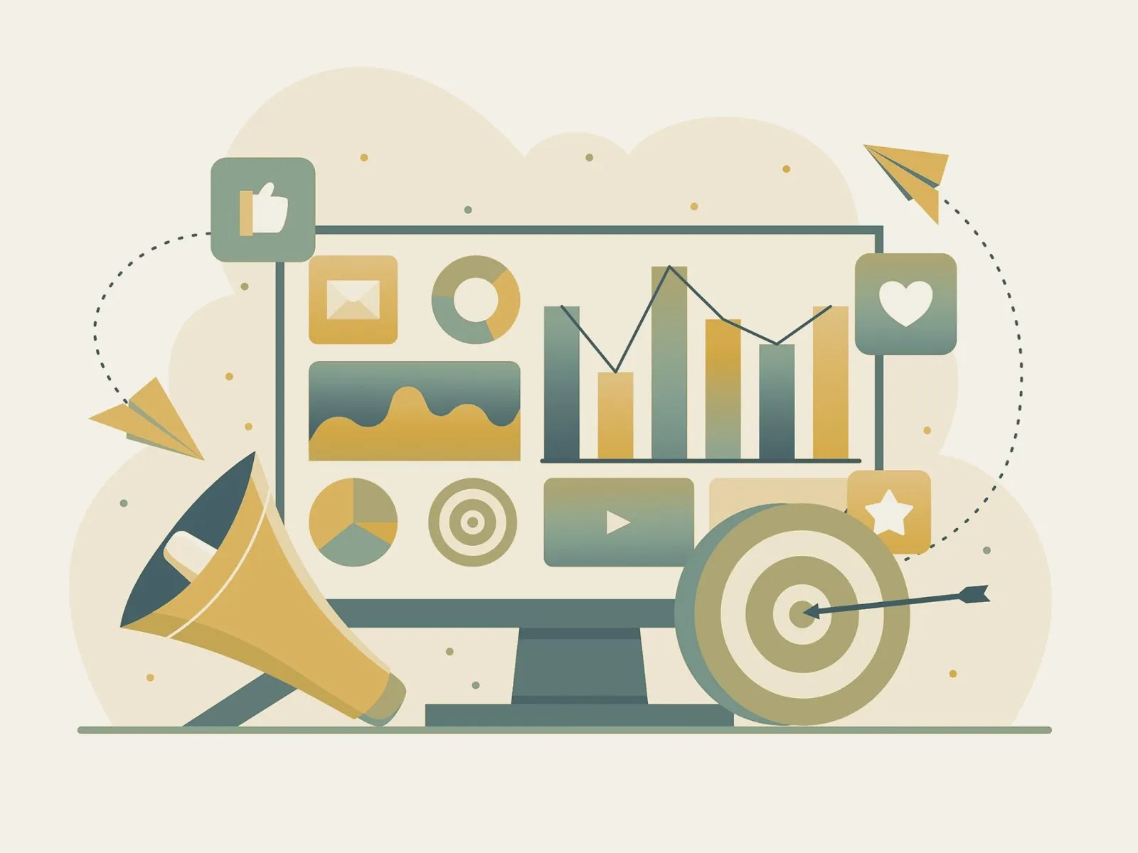 Flat illustration of a desktop monitor with charts, megaphone, target with arrow, and social media icons