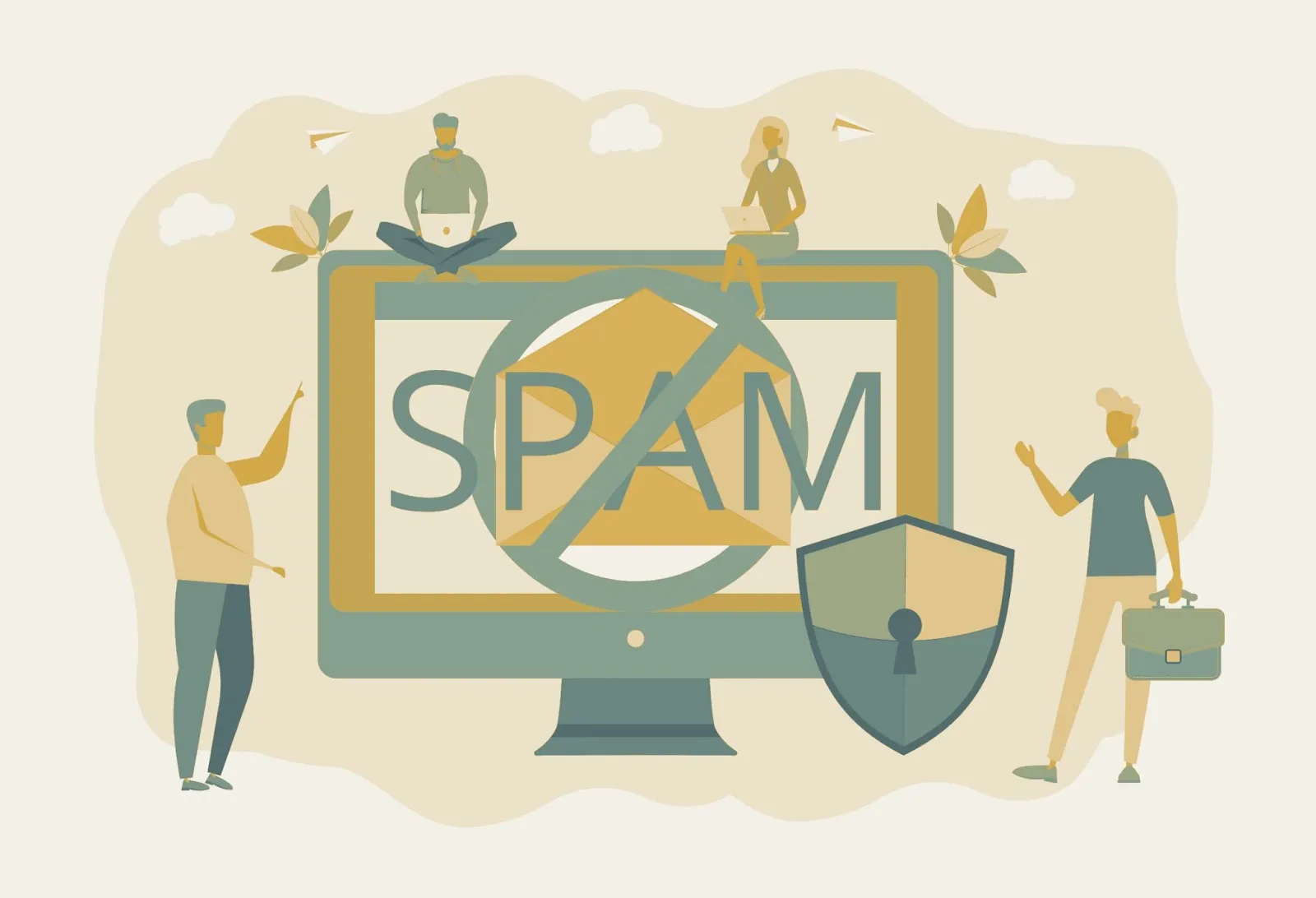 Illustration of people around a monitor displaying a no-spam symbol with a security shield