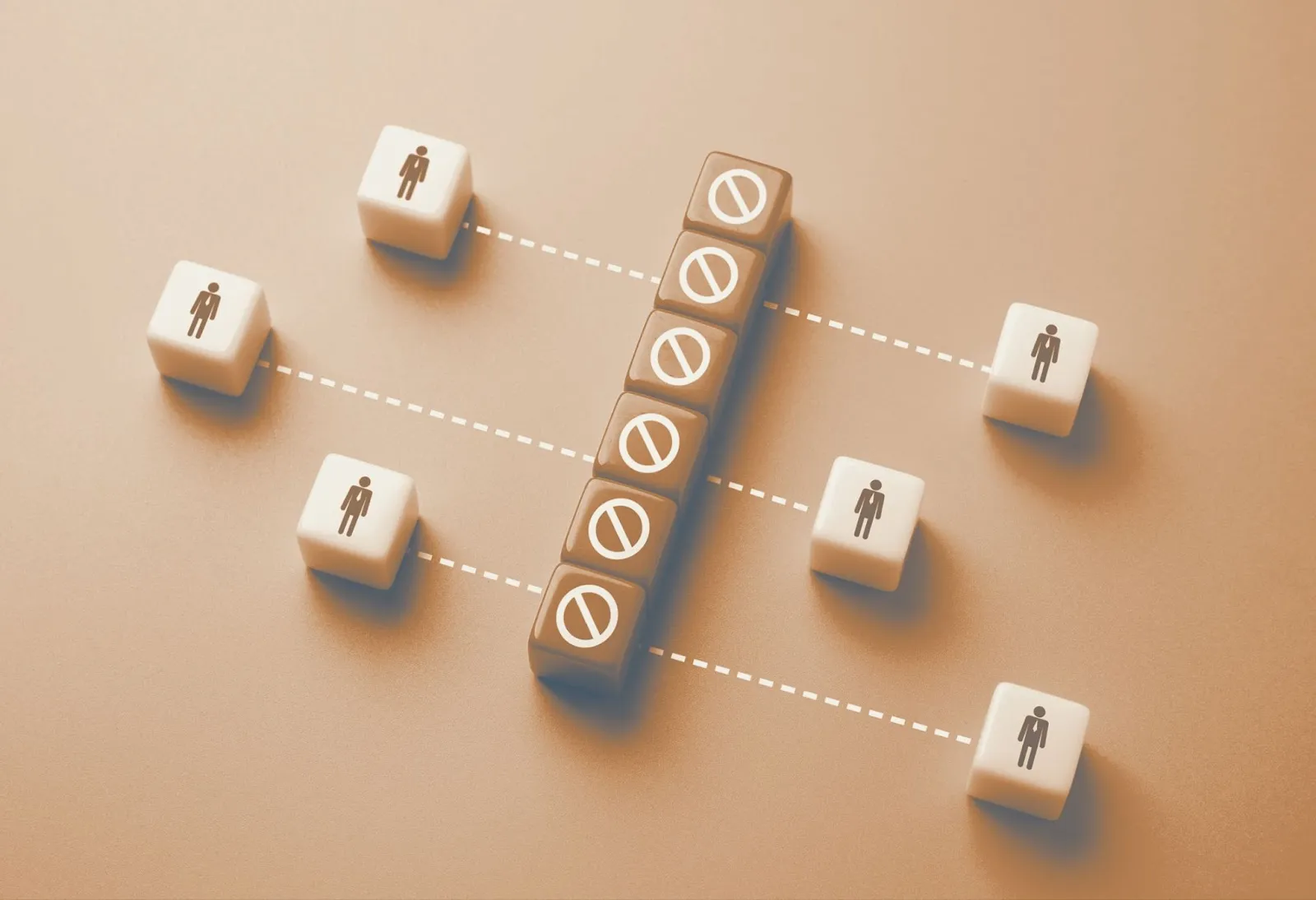 Wooden blocks with person icons separated by a wall of prohibition signs representing marketing access restrictions