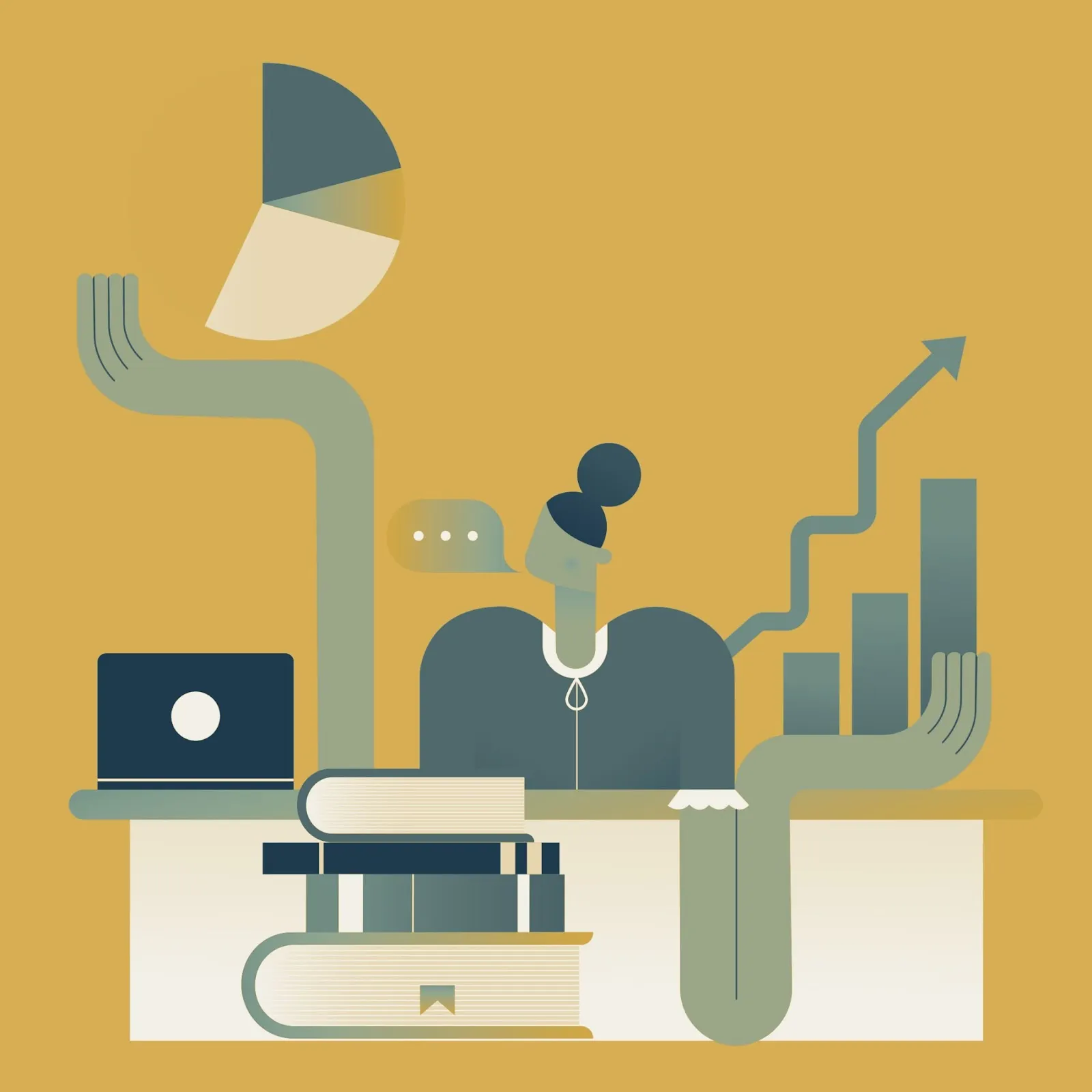 Illustration of a businesswoman at a desk with books, laptop, pie chart, and rising bar graph