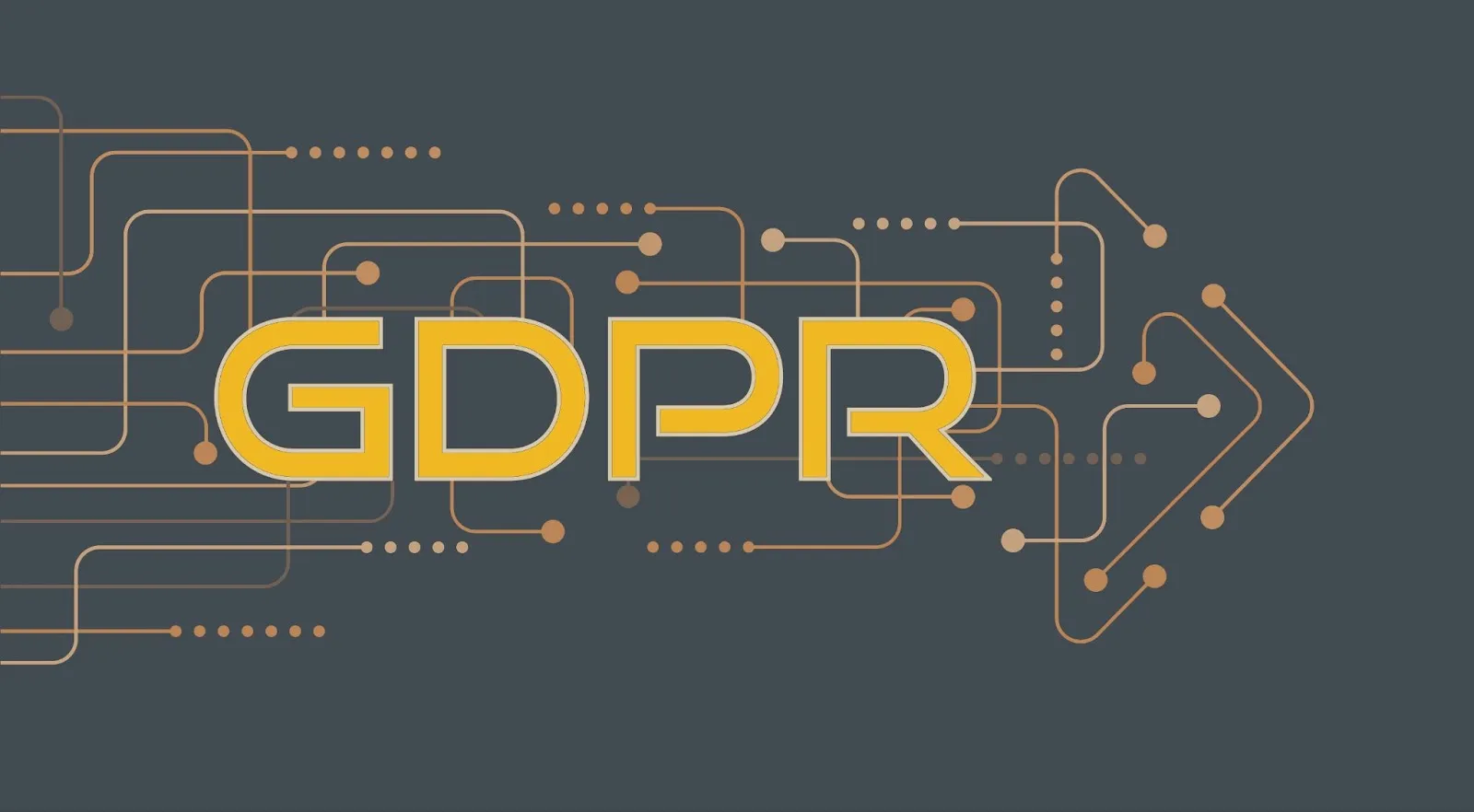 Bold GDPR text on a dark background with gold circuit board patterns and directional arrows