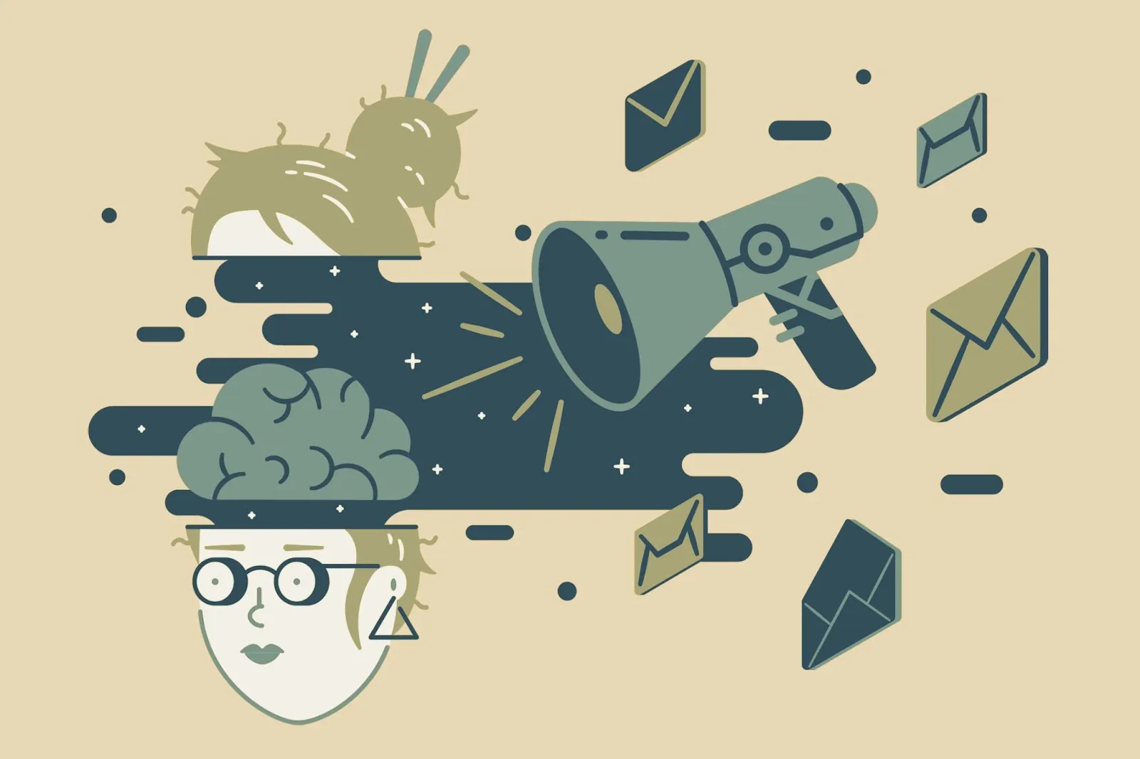 Illustration of a person with an exposed brain, megaphone broadcasting envelopes representing direct marketing outreach