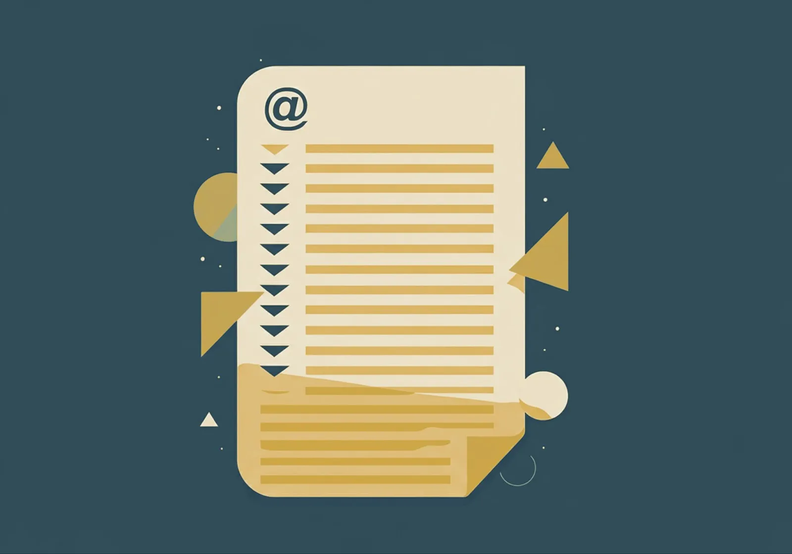 Illustrated document with an at symbol and checkmarks on a dark teal background representing an email list