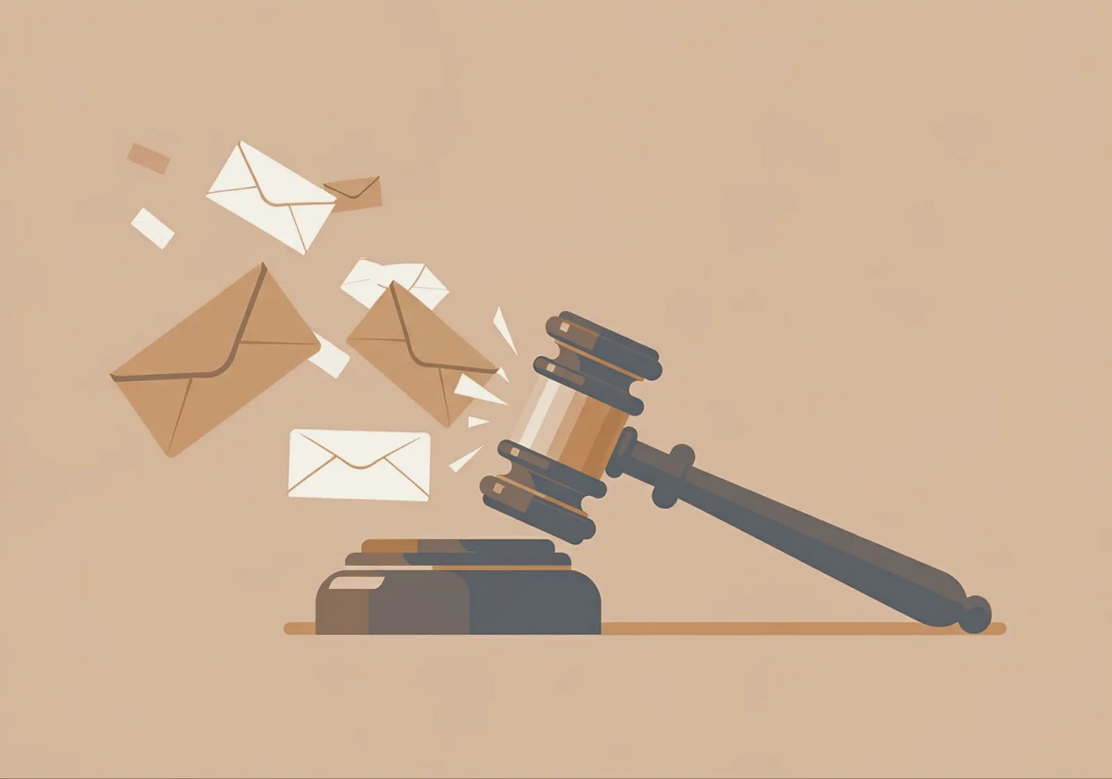 Illustration of a legal gavel striking down with envelopes scattering, representing email law enforcement