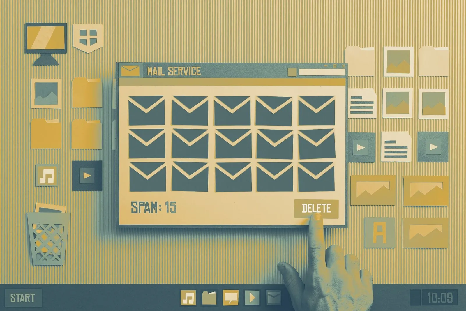 Retro-style desktop illustration showing a mail service window filled with 15 spam messages and a delete button
