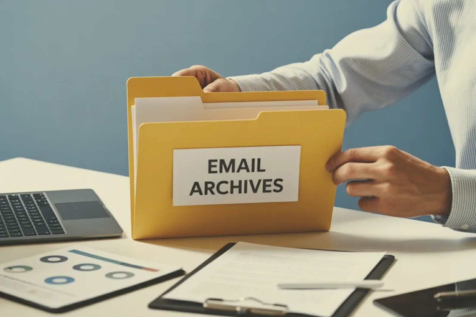 Person holding a large yellow email archives folder at a desk with a laptop and reports