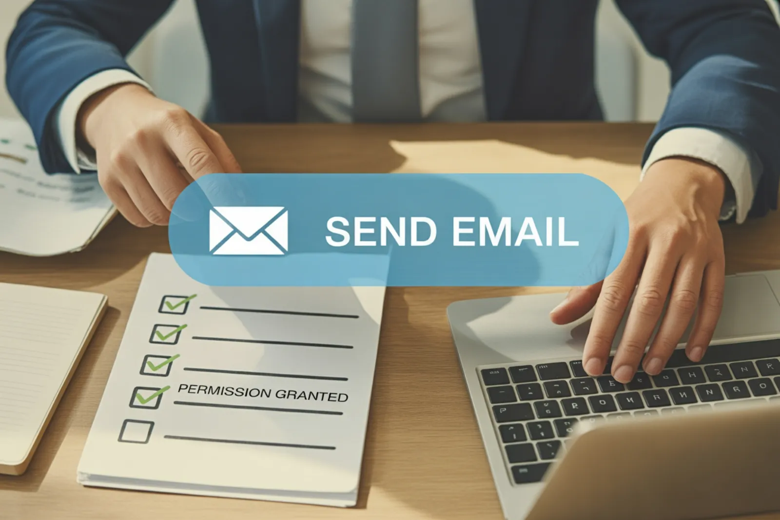 Businessman at desk with a send email button and permission granted checklist on paper
