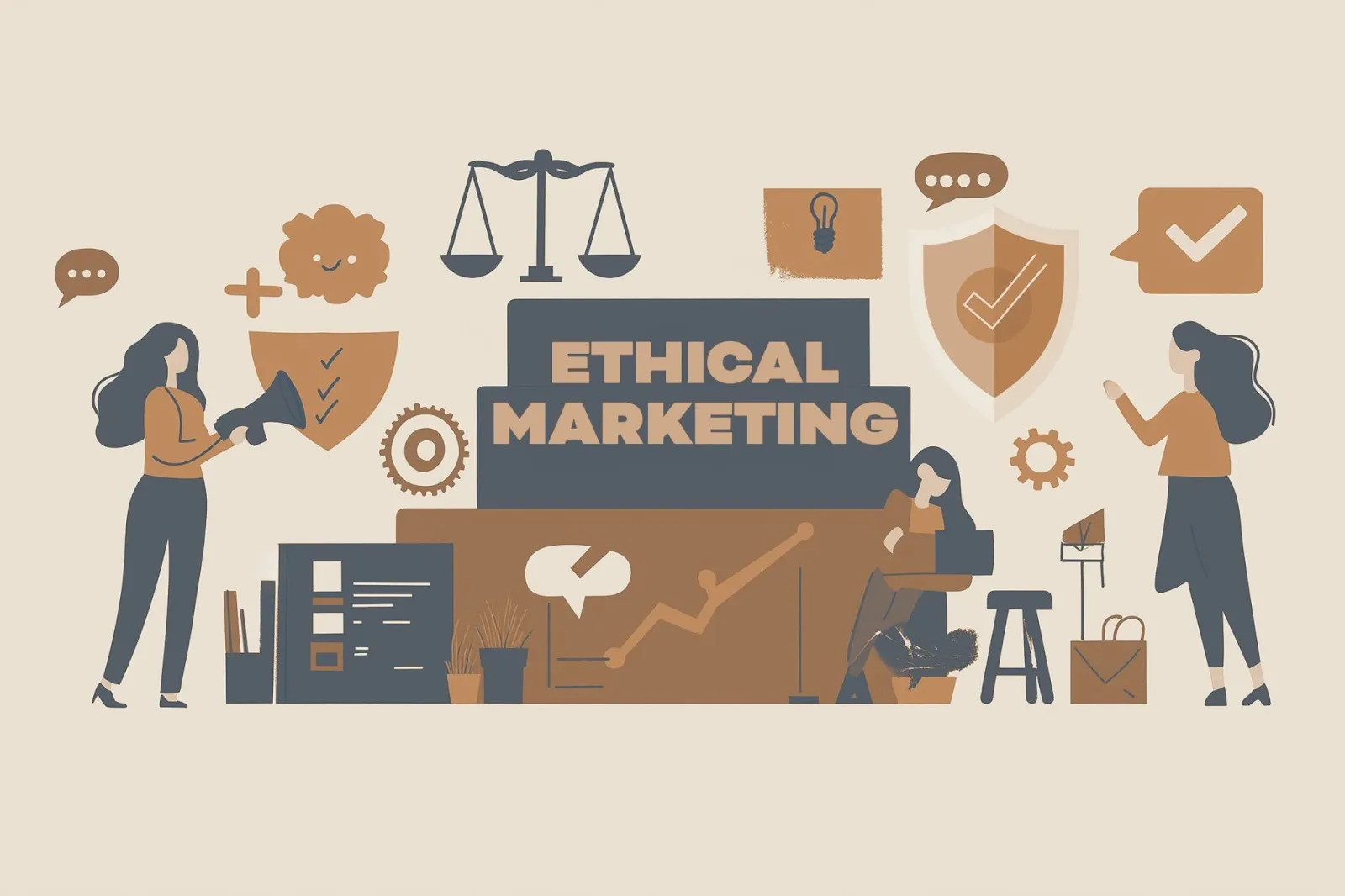 Illustration of marketing professionals with scales of justice, shields, and gears around an ethical marketing sign