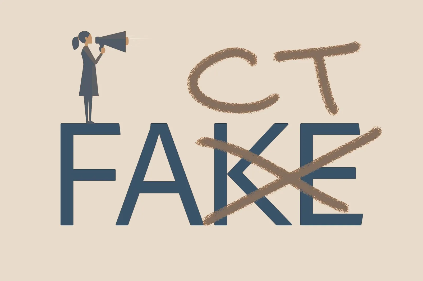 Illustration of a person with a megaphone standing on the word FAKE with FACT crossed out above it