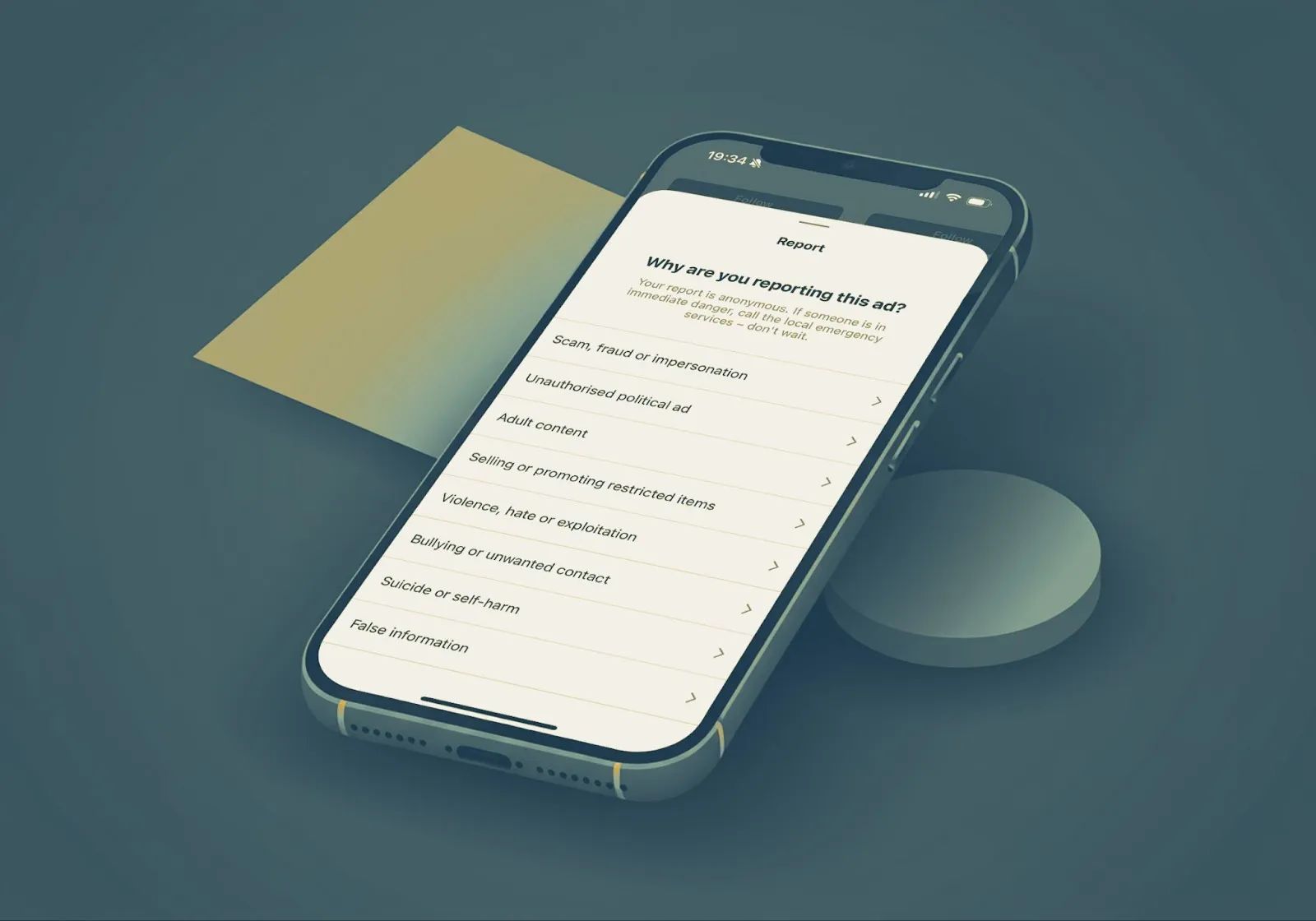 Smartphone displaying an ad reporting menu with options for scam, fraud, false information, and restricted items
