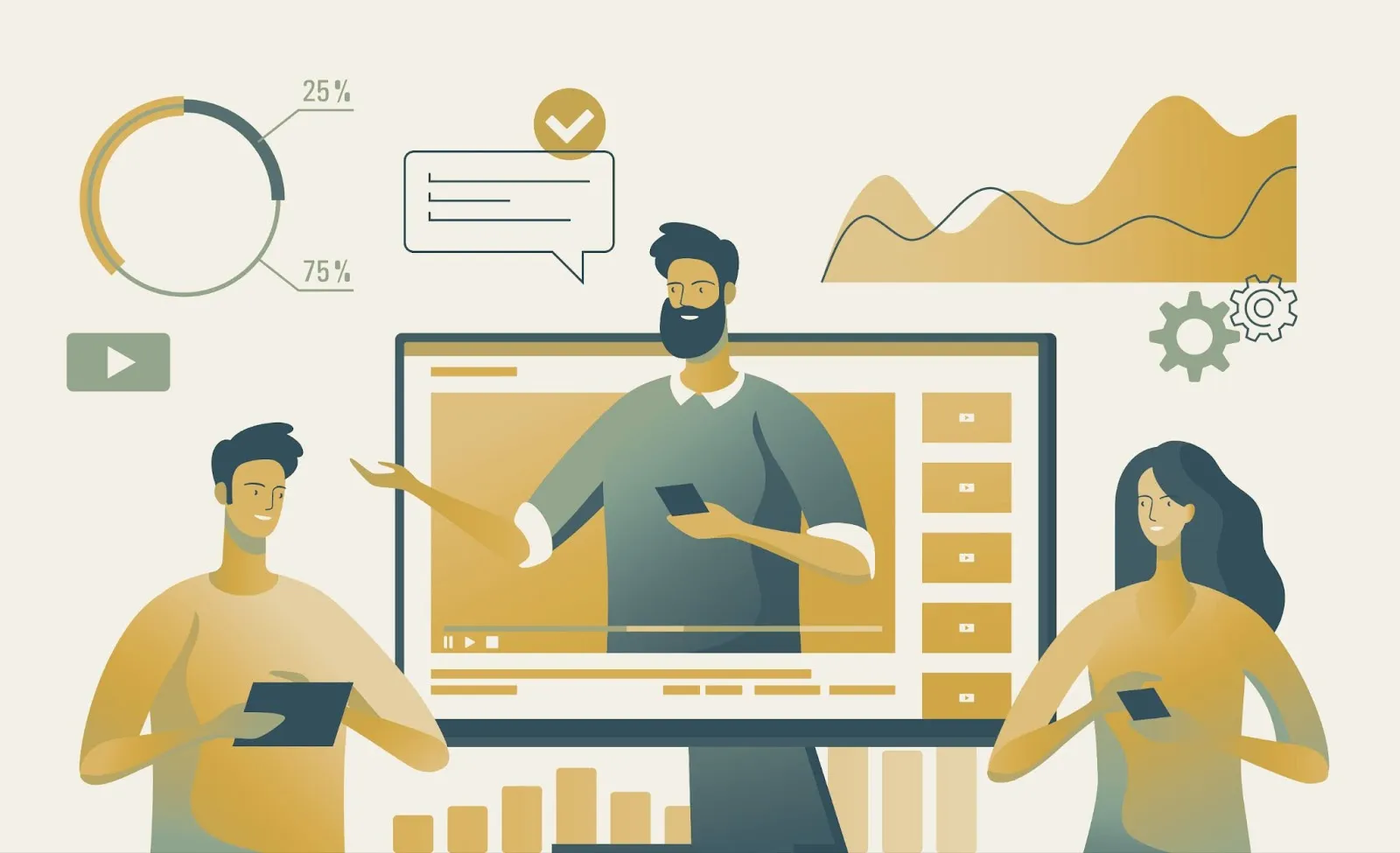 Illustration of team watching a video presentation with pie charts, bar graphs, and analytics in the background