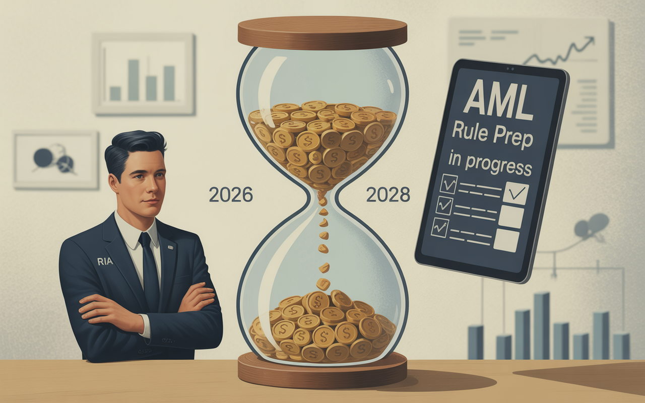 RIA professional beside an hourglass showing 2026 to 2028 with coins and an AML rule prep checklist