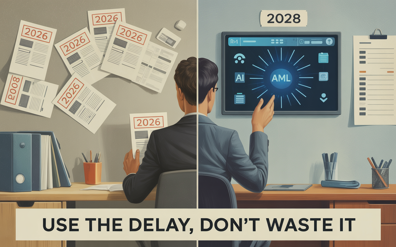 Split view comparing chaotic 2026 paperwork on the left with organized 2028 AML digital tools on the right
