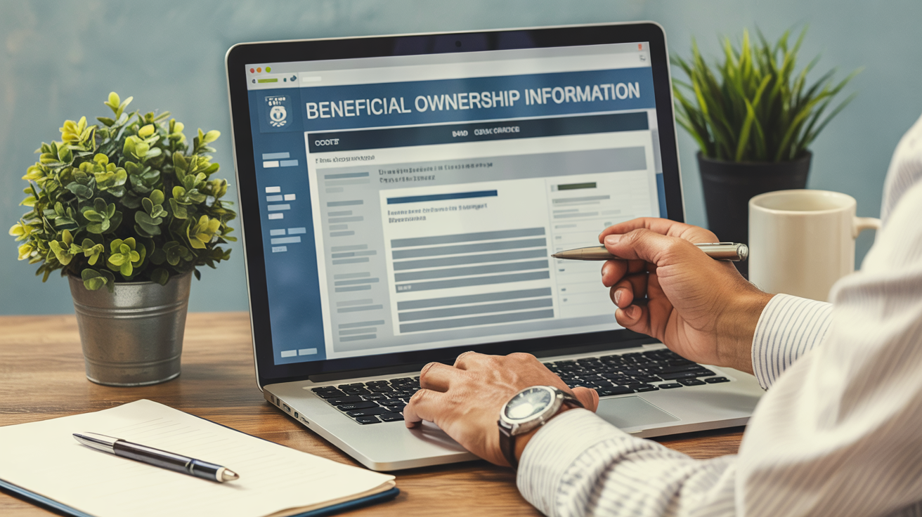 Person filling out a beneficial ownership information form on a laptop screen with a pen in hand