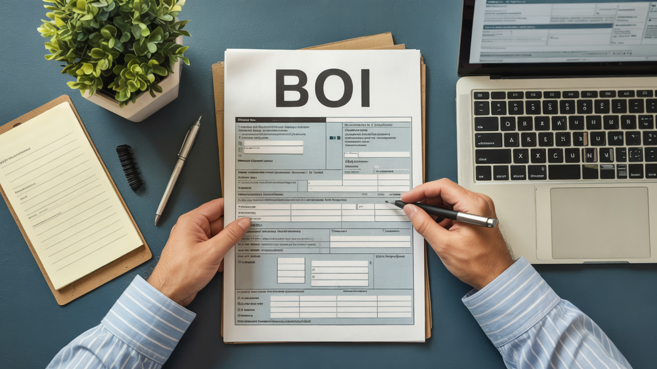 Hands holding a BOI reporting form on a desk with a laptop, notepad, and pen