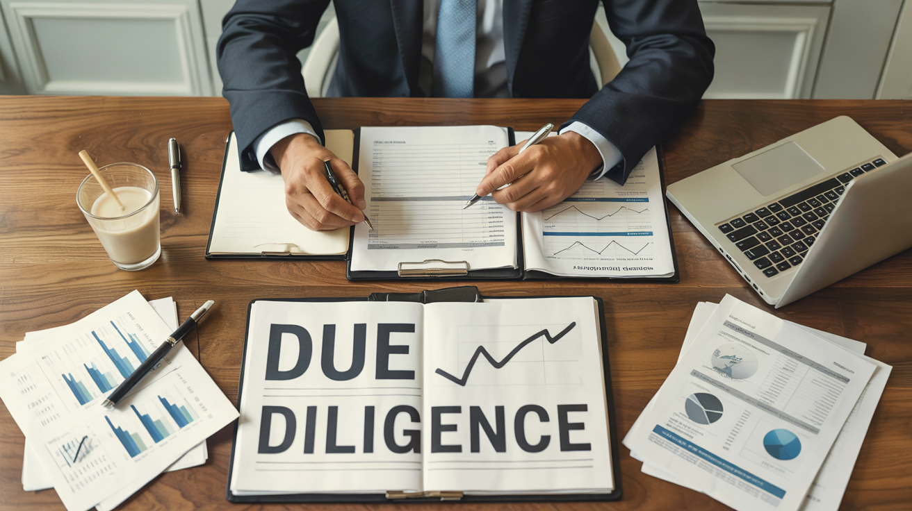 Businessman reviewing financial reports at a desk with an open notebook reading due diligence