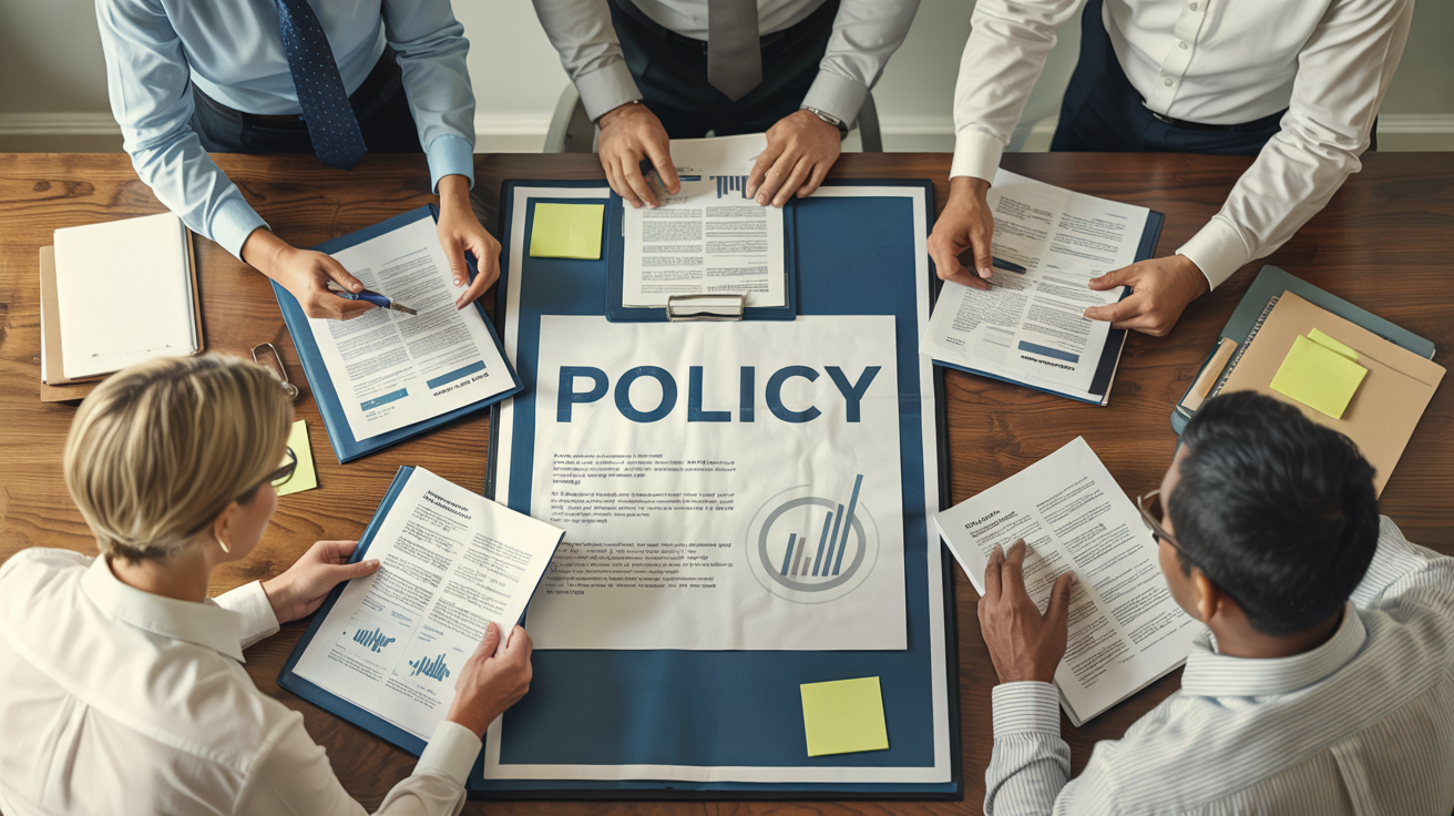 Overhead view of four professionals around a table reviewing a large policy document with charts