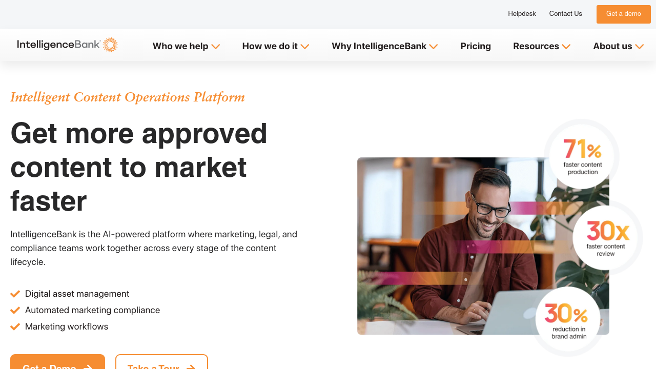 IntelligenceBank homepage with content approval stats showing 30x faster review and 71% faster production