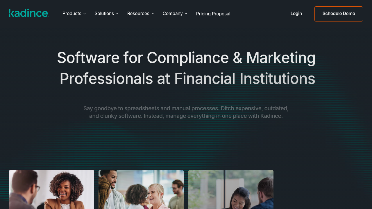 Kadince homepage on dark background with team photo cards for financial compliance professionals