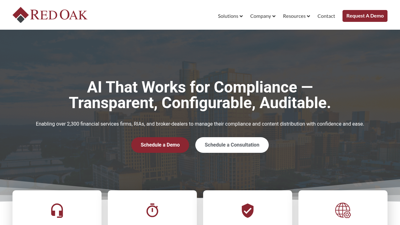 Red Oak Compliance homepage displaying AI compliance tools with feature icons for financial services firms
